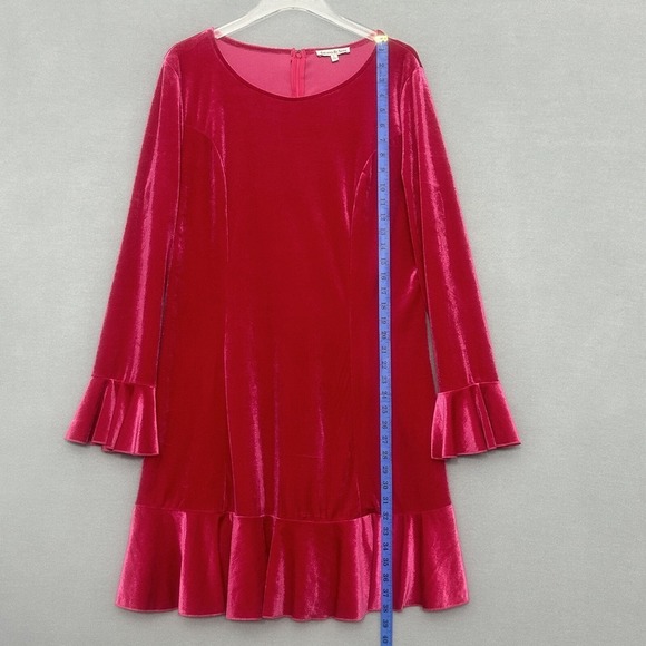 See and Be Seen Women Dress L Cassini Hot Pink Velvet Shift Ruffle Hem Retro - Picture 13 of 16